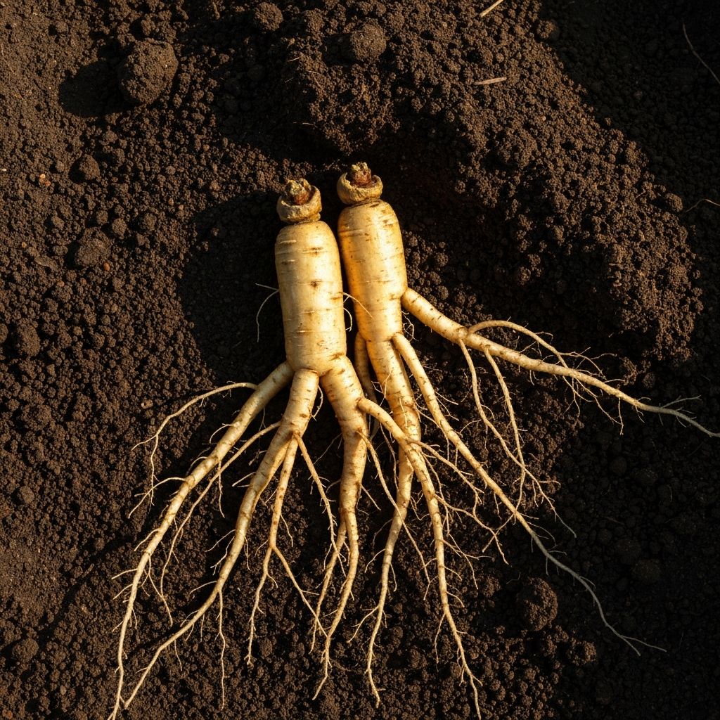 Panax ginseng roots in rich soil with East Asian cultivation heritage