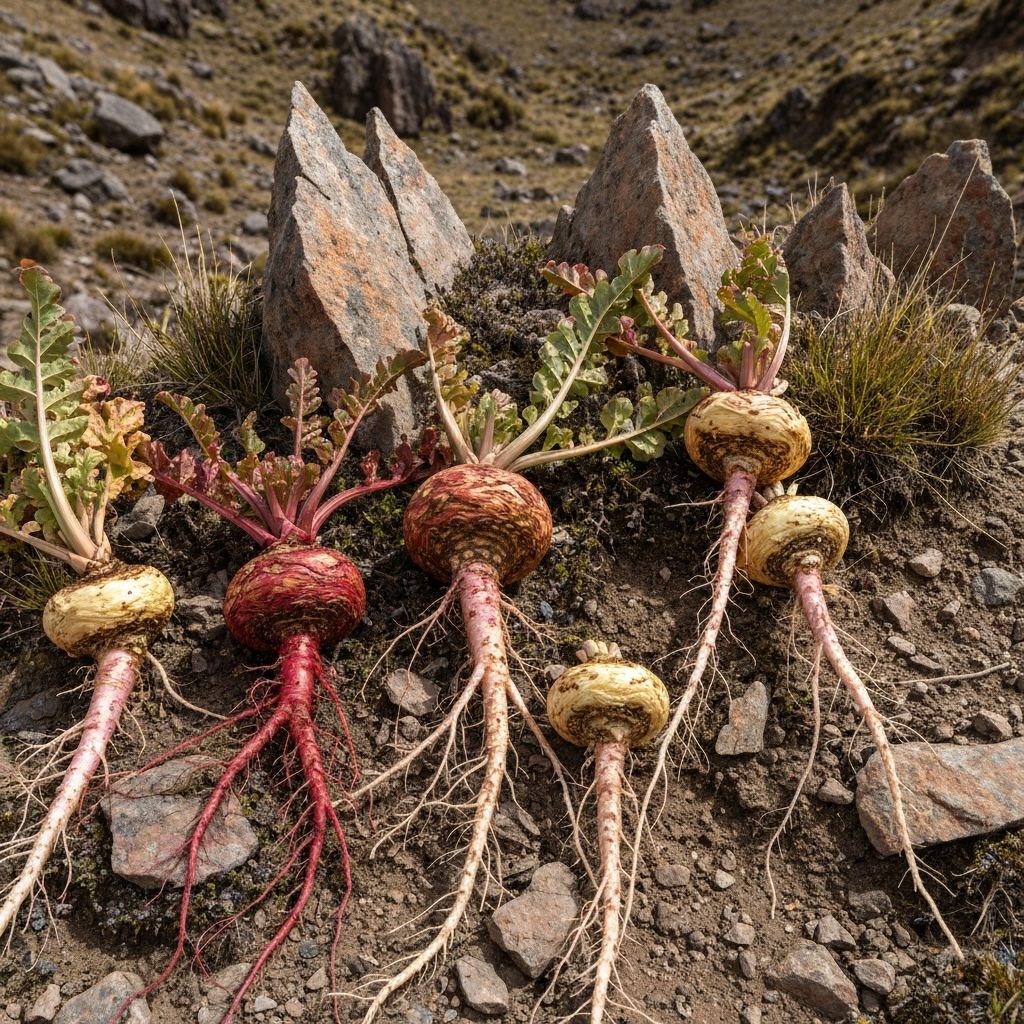 Lepidium meyenii maca roots in natural state on Andean rocky terrain